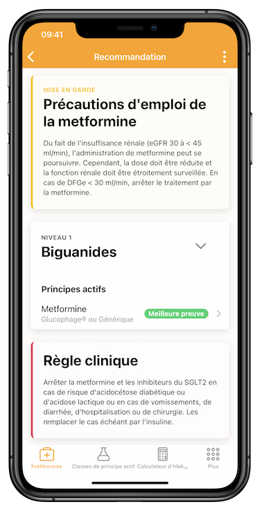 Capture d'écran de la page Recommandation de l'Appli Swiss Diabetes Guide